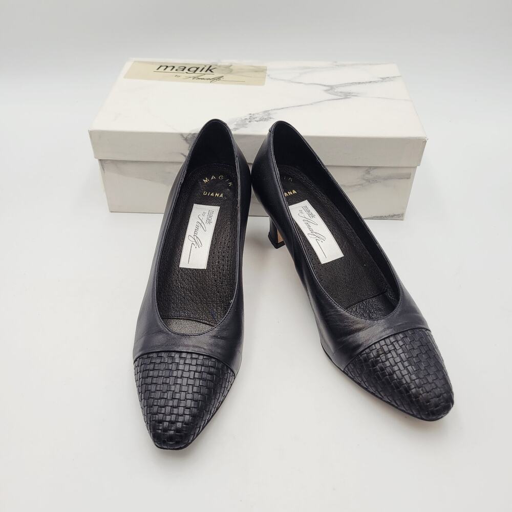 Amalfi by Rangoni Women Black Leather Pumps Heel 7 Narrow Career Woven Cap Toe